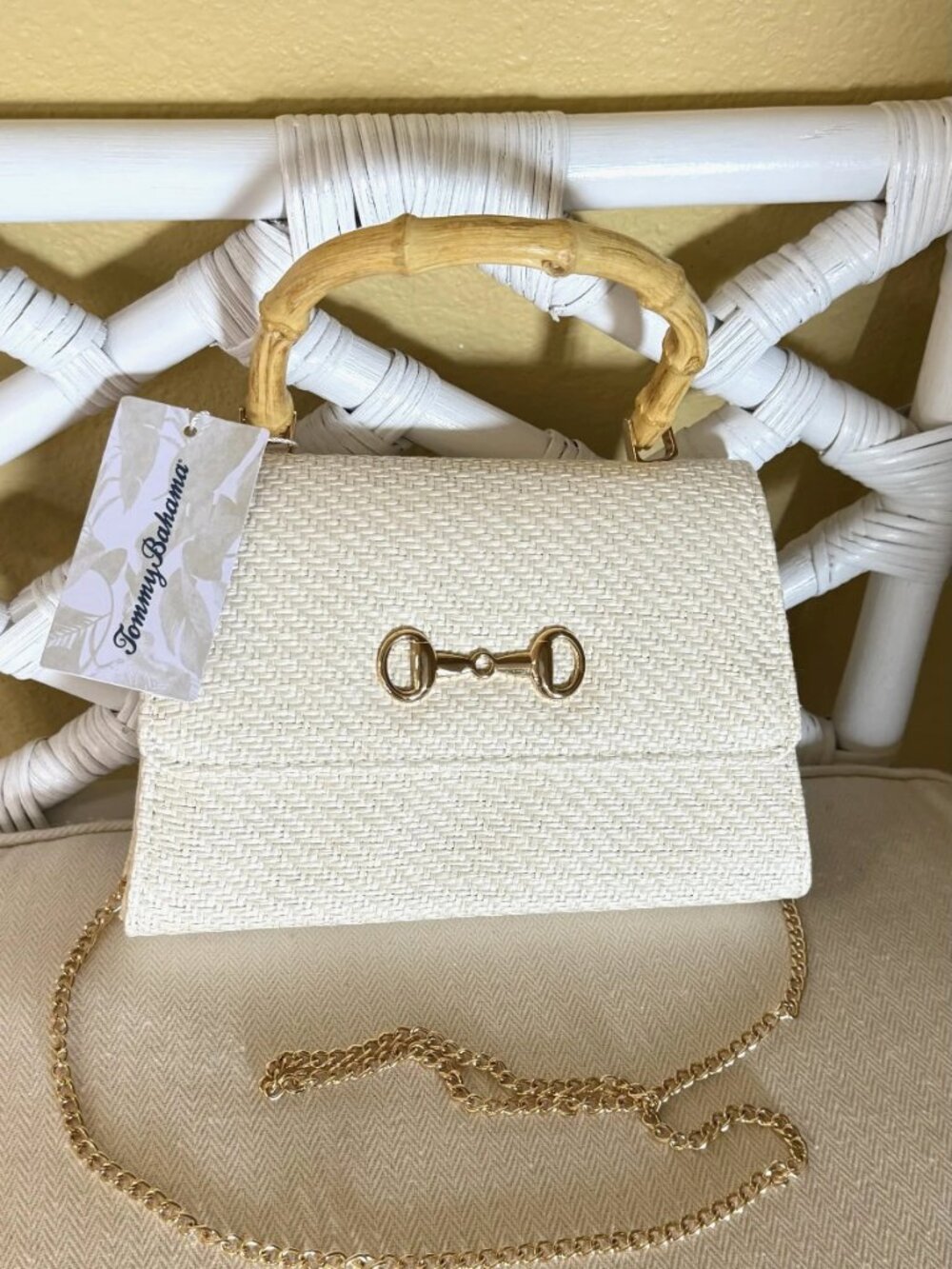 Tommy Bahama Woven Straw Natural Bag Bamboo Handle Gold Chain NWT - Picture 16 of 16